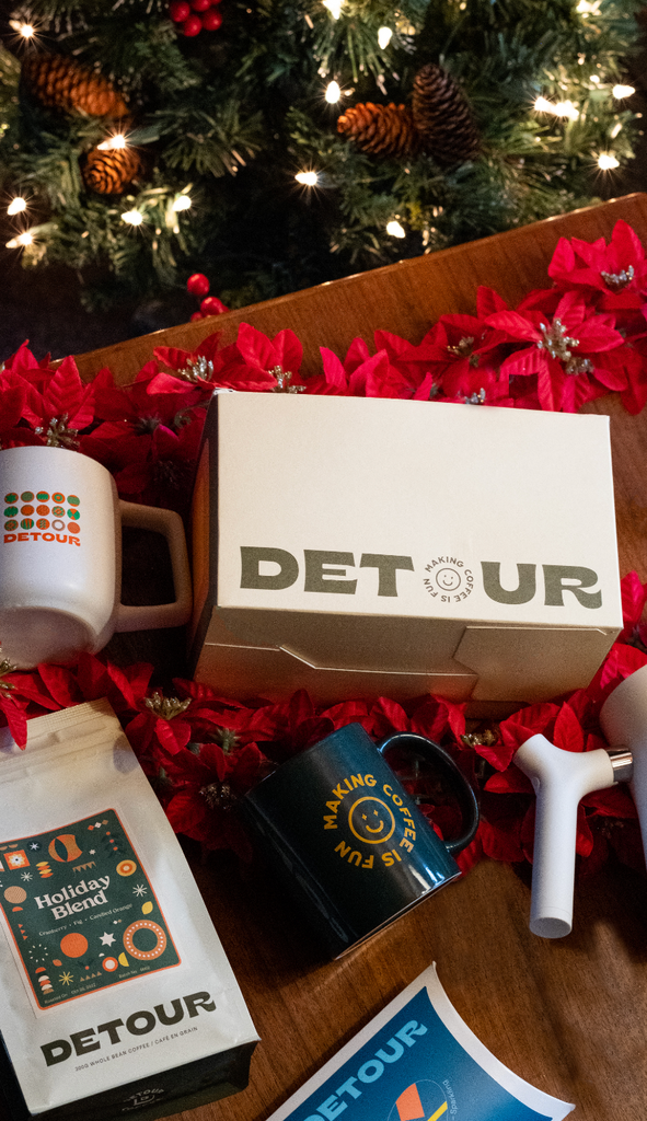 Detour Coffee Holiday Gift Guide 2022 Holiday Blend Fellow Kettle Stagg EKG Tasting Pack Holiday Mug Old School Green Mug Making Coffee Is Fun